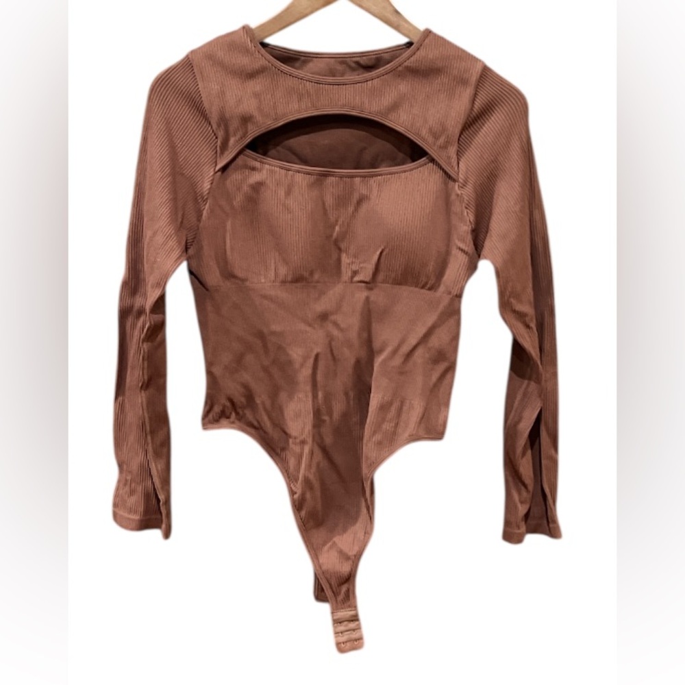 Brown Ribbed Long Sleeve Peek-a-Boo Women’s Thick Bodysuit Size XL